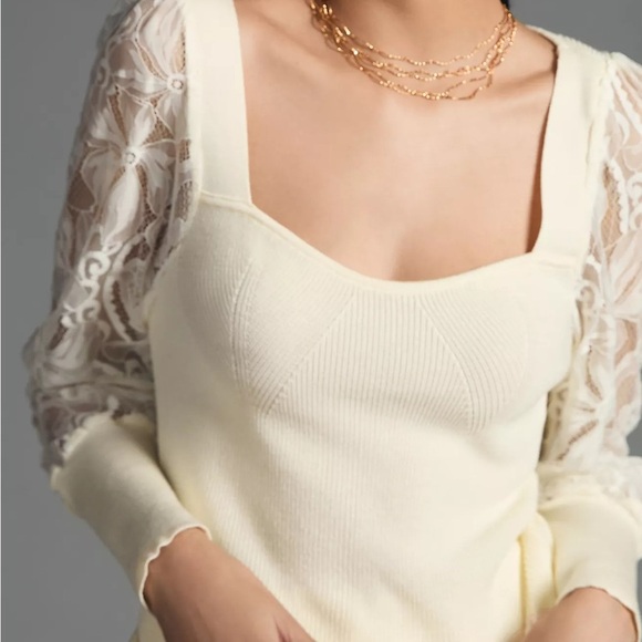 Anthropologie Ivory Lace Sleeve Sweater - Picture 4 of 11